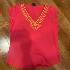 Women’s Medium Coral Embroidered V-Neck Blouse – Boho Chic